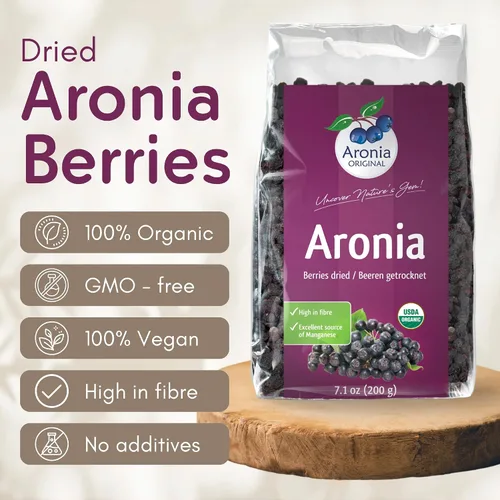 Vista 3 de Bayas de Aronia Orgánicas Secas 7.1 oz (200 g) – Sin Azúcar Añadido Veganas, Sin OMG, Chokeberries Negras Secadas Suavemente Altas