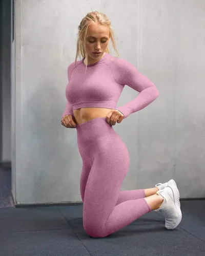 Vista 3 de OYS Conjuntos de yoga de 2 piezas para mujer, leggings de cintura alta sin costuras, pantalones cortos deportivos para correr, B-fucsia