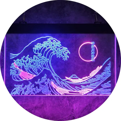 Vista 12 de Letrero de neón LED The Great Wave Off Kanagawa, letrero japonés de Katsushika Hokusai clásico, arte de pared para habitación, letreros de luz
