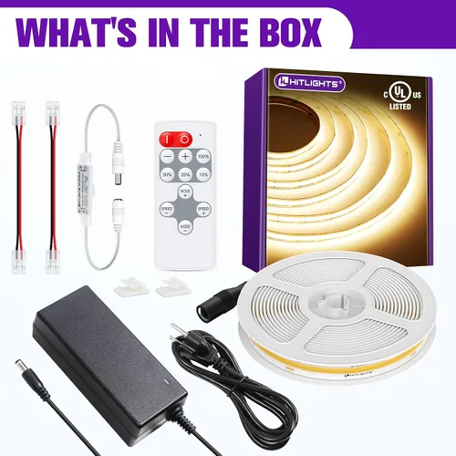 Vista 7 de HitLights - Kit de tiras de luces LED COB de luz blanca cálida 3000K, luz de cinta regulable con control remoto, fuente de alimentación de 12V, 2640