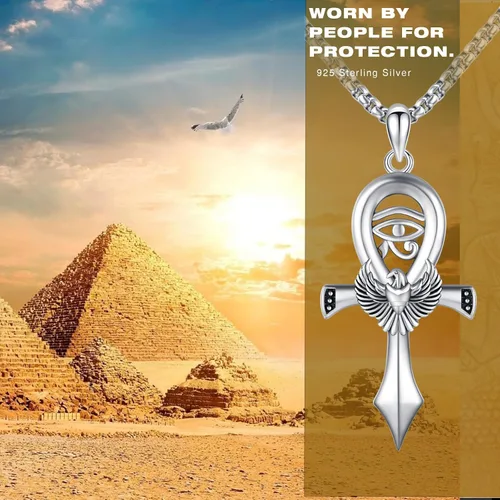 Vista 2 de Ankh - Collar con colgante para mujeres y hombres, plata de ley 925, collar de cruz egipcia de escarabajo Ankh, collar de cruz de panga, amuleto