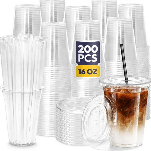 Vista 8 de Fit Meal Prep Paquete de 100 Vasos de Plástico para Café Helado de 9 oz con Tapas Planas y Pajitas Negras, Vaso Transparente Desechable, Vaso Libre