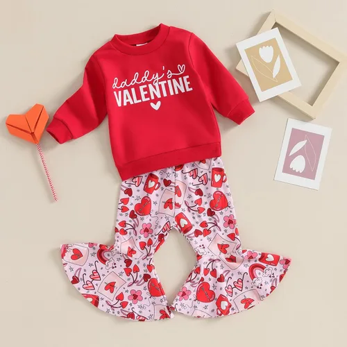 Vista 3 de Kayotuas Conjunto de sudadera de manga larga con estampado de corazón dulce y pantalones acampanados para bebés y niñas pequeñas Daddys Valentien