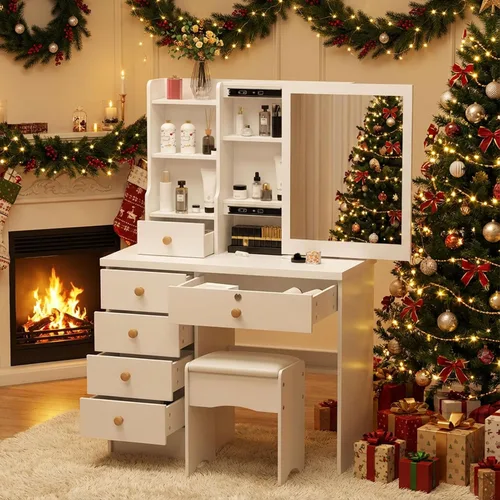 Vista 10 de Escritorio de tocador con espejo LED, 3 modos de iluminación de brillo ajustable, espejo de maquillaje con 4 cajones, tocador para dormitorio