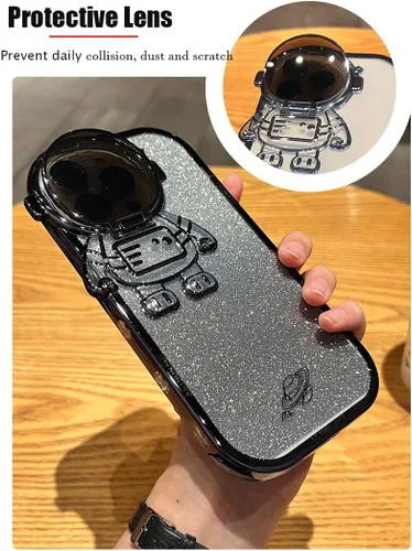 Vista 2 de Funda de teléfono con soporte oculto de astronauta para iPhone 11, bonito protector de cámara de lente de astronauta, soporte con purpurina