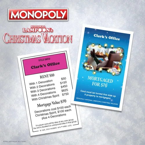 Vista 10 de Monopoly Vacaciones de Navidad de National Lampoons, con fichas temáticas de ardilla, taza de ponche de huevo, motosierra y más, 2-6 jugadores