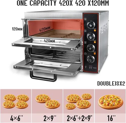 Vista 2 de Horno de pizza comercial Horno doble de 1700 W 16 pulgadas de acero inoxidable para pizza y aperitivos, horno multiusos para pizza