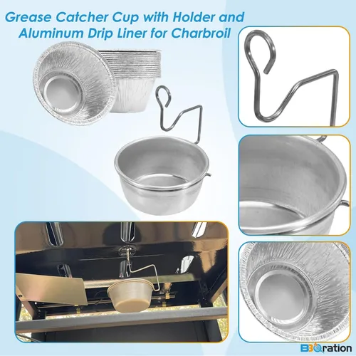 Vista 3 de Taza de grasa universal para parrillas Char-Broil Kenmore al aire libre y otras parrillas similares, taza recogedora de grasa con soporte y paquete