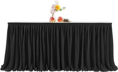 Vista 4 de PARTISKY Falda rectangular de poliéster negro, 6 x 72 pulgadas, resistente a las arrugas, con volantes plisados, perfecta para banquetes, bodas