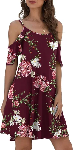 Vista 2 de Jouica Vestido de verano casual con tirantes delgados vestido de verano para mujer hombros descubiertos mangas con volantes y bolsillo