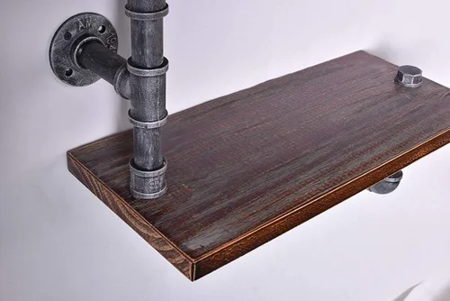 Vista 3 de Estantería de tubo industrial Pipe, madera moderna rústica, 3 estantes de pared de tubos escalonados, tubo de hierro forjado, estantería de diseño