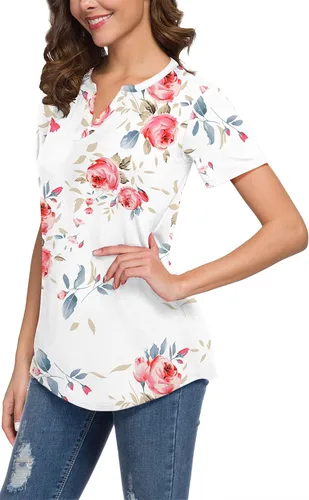 Vista 3 de Neineiwu Blusas de manga corta con cuello en V y corte holgado para mujer