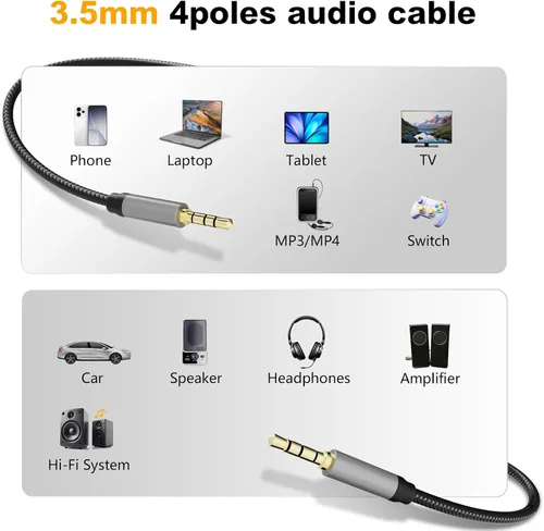 Vista 3 de Cable de audio macho a macho de 1 pie, 0.138 in de nailon trenzado de 4 polos, cable auxiliar estéreo para auriculares, PS4, teléfono, tabletas