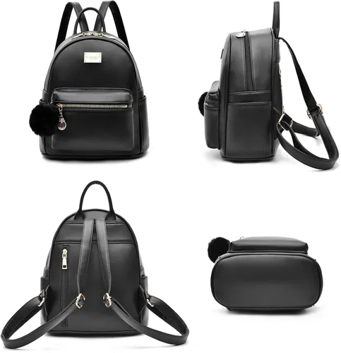 Vista 2 de I IHAYNER Mochila de cuero para mujer, de moda, con pompón, mochila casual de viaje