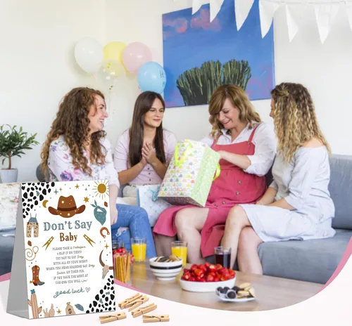 Vista 5 de Letrero de juego de vaquero para baby shower (1 letrero + 50 mini pinzas para la ropa) para decoraciones y recuerdos de fiesta de revelación
