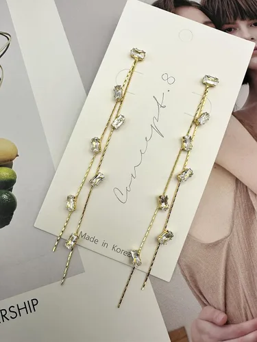 Vista 2 de Concept8 Pendientes largos hipoalergénicos y libres de níquel con zirconia, poste de plata de ley 925 para mujer Cristal transparente
