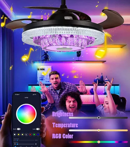 Vista 3 de Ventilador de techo reversible de 42 pulgadas con luces altavoz Bluetooth, lámpara inteligente de cristal regulable de 7 colores con control remoto