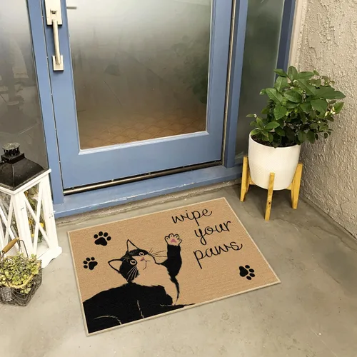 Vista 2 de Louise Maelys Wipe Your Paws Tapete de Puerta de Bienvenida Antideslizante, Divertidos Tapetes Delanteros de Gato Negro de Primavera Verano, Tapete