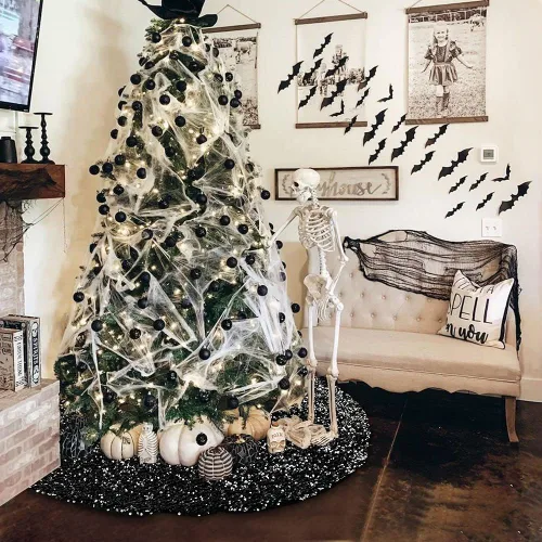 Vista 3 de XIMISHOP Falda de árbol de lentejuelas de 48 pulgadas, falda de árbol negra plateada con purpurina para decoración de árbol de Navidad, Halloween