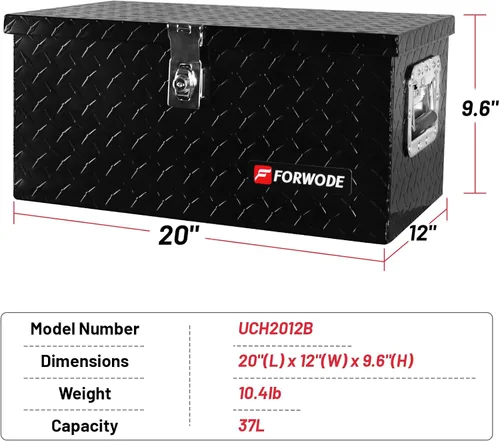 Vista 2 de FORWODE Caja de herramientas de aluminio de 20 pulgadas para camión, caja de herramientas con cerradura, caja de almacenamiento impermeable con Negro