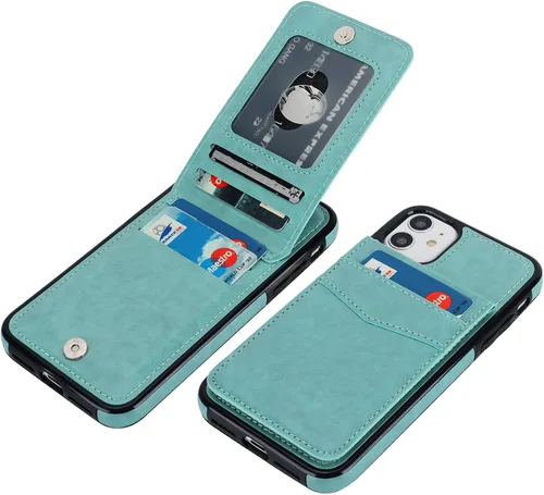 Vista 10 de KIHUWEY - Funda tipo cartera para iPhone 11, tarjetero con soporte, color negro Ranuras para tarjetas de crédito, soporte, piel sintética