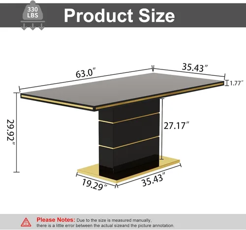 Vista 2 de Mesa de comedor moderna negra para 6 personas, mesa de cocina rectangular de 63 pulgadas con acabado lacado dorado y base de pedestal de acero