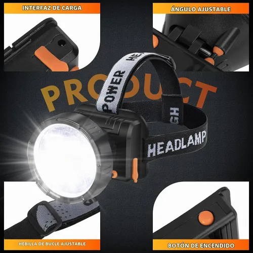 Vista 7 de Linterna frontal recargable - Foco súper brillante con 2 modos - Linterna LED frontal para camping, pesca, senderismo