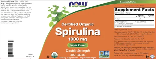 Vista 4 de NOW Foods Tabletas de Espirulina Orgánica 1000mg - 300 unidades - Suplemento de Superalimento Verde Integral, Doble Fuerza - Sin OMG