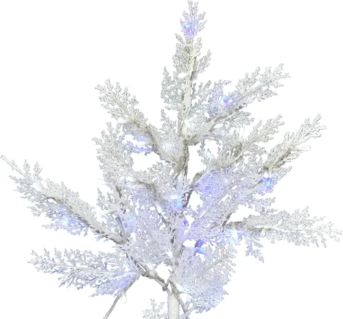 Vista 2 de Vickerman Árbol de Navidad artificial de pino de cedro flocado de 5.5 x 47 pulgadas, LED de bajo voltaje, blanco puro y azul, gran angular de 0.118