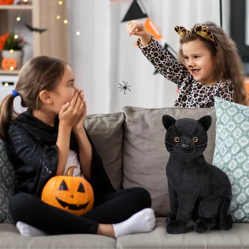 Vista 7 de Libima Peluche de gato negro de Halloween de 13 pulgadas, animal de peluche realista de gato suave y lindo, almohada de juguete, regalos para niños