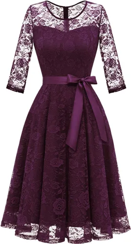 Vista 8 de Dressystar Vestido de encaje floral para mujer, corto, para dama de honor, con cuello transparente B- Borgoña