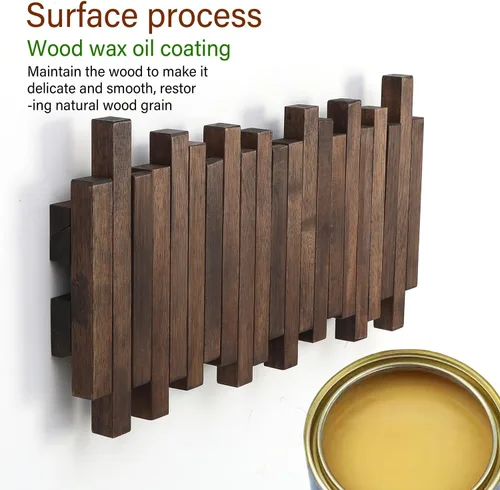 Vista 4 de Perchero de madera natural para piano de pared Perchero de pared Perchero de pared abatible con 5 ganchos Perchero de entrada, hecho de madera