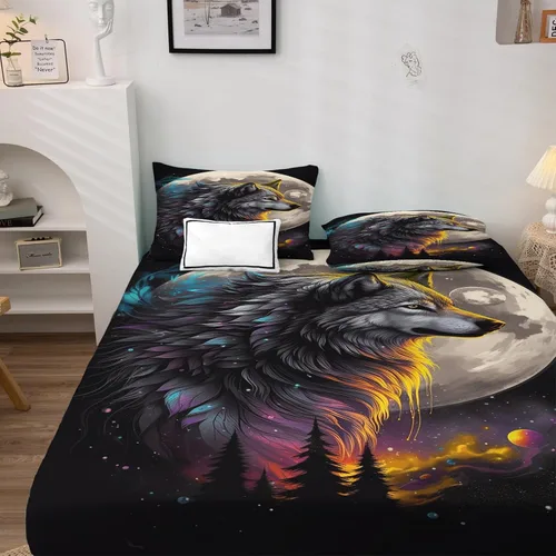 Vista 2 de Sábanas de lobo tamaño individual, sábanas de luna de lobo, sábanas y fundas de almohada estampadas de 3 piezas, sábana bajera ajustable