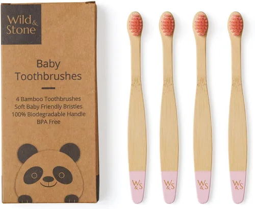 Vista 8 de Wild & Stone Cepillos de dientes orgánicos de bambú para bebé, paquete de 4, cerdas suaves, mango 100% compostable, sin BPA, cepillos de dientes