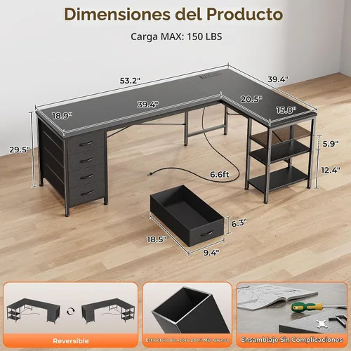 Vista 3 de Huuger Escritorio en forma de L de 55 pulgadas con cajones de tela, escritorio reversible para juegos para computadora con tomas de corriente