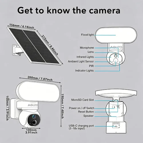 Vista 8 de Cámara de seguridad solar inalámbrica AQUZO, reflector de 1500LM y PTZ 2K Color Night Vision, 64GB SD Included, 2.4G WiFi, Solar+Battery, AI Human