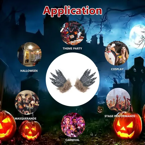 Vista 4 de Manos de hombre lobo de Halloween, garras de hombre lobo G-loves, látex lobo G-ama manos peludas aterradoras para fiesta de hombre lobo, accesorios