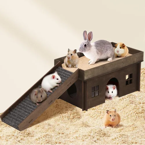 Vista 8 de Casa Grande para Conejos con Escalera, Castillo de Madera para Conejos Escondite de Conejos, Cabaña Escondite para Chinchillas y Conejillos