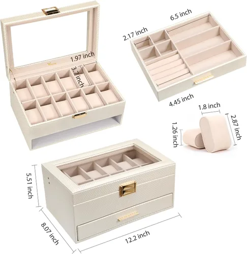 Vista 3 de Voova - Organizador de cajas de joyería para relojes para hombres y mujeres, 2 capas grandes con 12 ranuras, estuche de almacenamiento de relojes