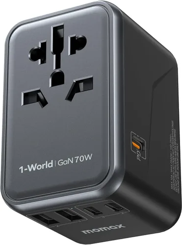 Vista 13 de MOMAX Adaptador de viaje universal, adaptador de enchufe internacional de 20 W+18 W con 2 USB-A de carga rápida y 1 USB C PD de carga rápida, 1 CA