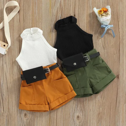 Vista 2 de TheFound Trajes de verano para niñas pequeñas, sin mangas, de punto acanalado, halter, pantalones cortos, ropa para recién nacidos, conjunto de 3