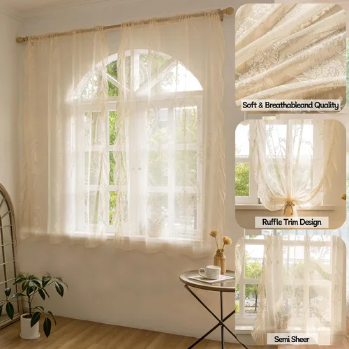 Vista 2 de Sutuo Home Juego de 2 cortinas de encaje beige, paneles transparentes de 63 pulgadas de largo, bordado floral de rosas, tratamiento de ventana