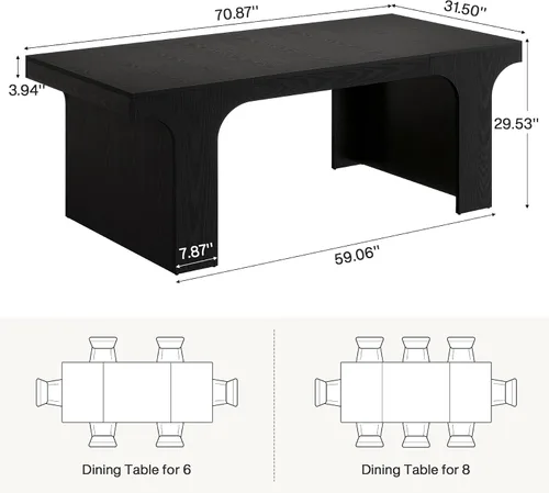 Vista 2 de Tribesigns Mesa de comedor de granja de 71 pulgadas con diseño arqueado para 6-8, color negro Mesa de cocina de madera moderna larga, muebles