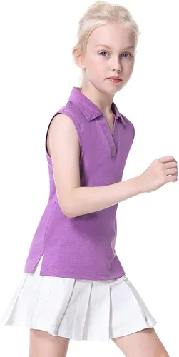 Vista 2 de EXARUS Camisetas polo de golf para niñas, sin mangas, cuello en V, tenis, atléticas, para ejercicio escolar de 5 a 12 años