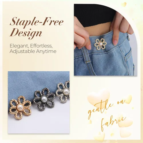 Vista 5 de Juego de 12 unidades de ajuste de cintura para pantalones, botones de flores y alfileres para jeans sueltos, pantalones de mezclilla de flores,