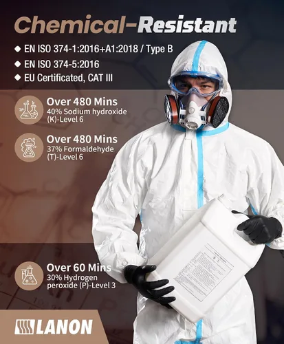 Vista 4 de LANON Black Nitrile Disposable Gloves, EN ISO 374 Chemical Resistant, Heavy-Duty, Mechanic, Textured Fingertips, Latex-Free