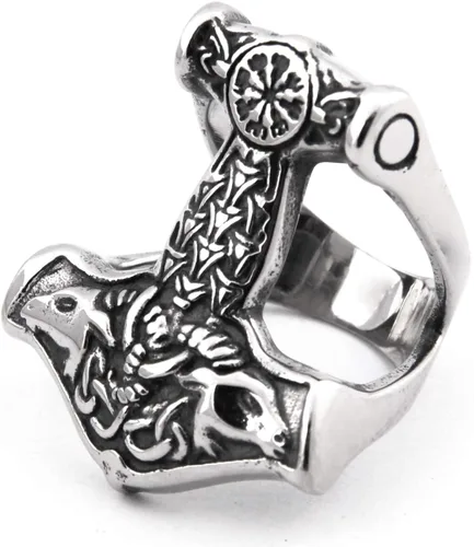 Vista 2 de BAVIPOWER Viking Thor Hammer Mjolnir Potente protección Talismán Amuleto Vintage Anillo de acero inoxidable