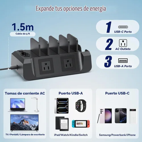 Vista 2 de Estación de carga KDD con 6 cables de carga - Estación de carga rápida 6 en 1 para celular con soporte para auriculares y soporte para reloj - 2