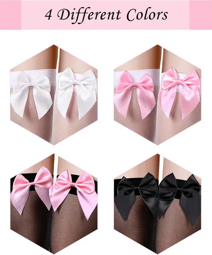 Vista 3 de SATINIOR 4 pares de medias altas hasta el muslo de encaje con lazo para mujer, por encima de la rodilla, para Halloween, fiesta de cosplay, Negro