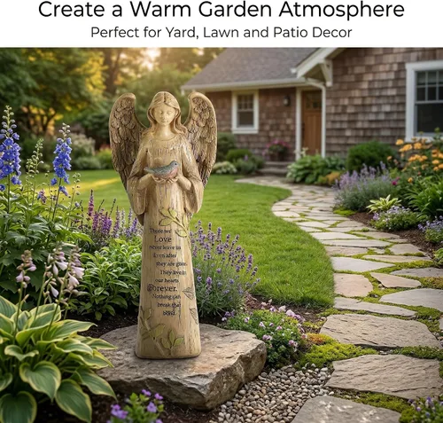 Vista 5 de Estatua de ángel de resina con pájaro, escultura de jardín al aire libre de 10 pulgadas para patio y césped, regalo conmemorativo impermeable